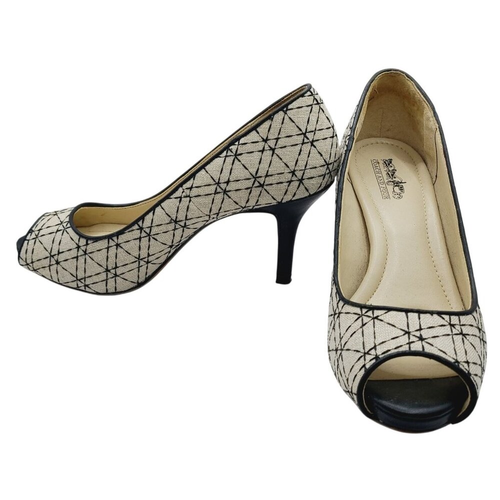 Coach And Four Beige & Black Geometric Peep-Toe Heels Size 8 Canvas 3" Stiletto